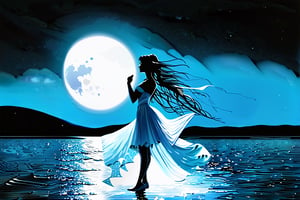 (Beautiful double exposure combining the silhouette of the maiden and the moonlit shore, the moonlit shore acts as a background and its details are incorporated into the maiden, crisp lines, the background is monochrome, sharp focus, double exposure, great full color), detailed textures, high quality, high resolution, high precision, realism, color correction, proper lighting settings, harmonious composition, Behance works