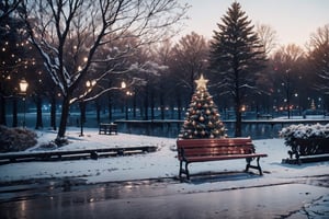 Two chairs sitting on a bench in the park at Christmas, the Christmas atmosphere is breathed throughout the park