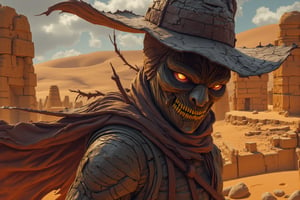 8K UHD realistic fantasy image, a masked bounty hunter stands amidst a mystical desert landscape. The hunter wears a mummy-like bandaged outfit, with a witch's hat perched atop their head. The mask is intricately detailed, with glowing eyes and a menacing expression. The mummy's bandages are weathered and tattered, revealing glimpses of the bounty hunter's skin beneath. The witch's hat adds an element of magic and mystery to the character. The scene is bathed in a warm, golden light, with sand dunes and ancient ruins in the background, creating a sense of adventure and danger.