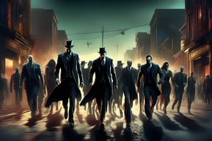 A dimly lit urban street scene at dusk, with only the faint glow of Dolores illuminating the dark atmosphere. A horde of undead zombies, dressed in tuxedos, are running wildly down the sidewalk, their pale faces contorted in a frenzy of undead glee. Panicked pedestrians scramble to get out of the way as the zombies charge by, their suits torn and soiled from their relentless pursuit. The air is thick with tension and fear.