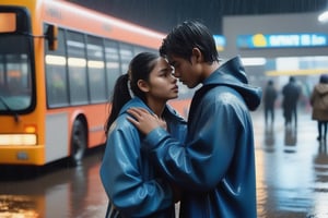 Under a torrential night rain, two young souls, clad in black and blue, stand at the intercity bus terminal's edge. The girl, donning a soaked black raincoat and jeans, her eyes welling up with tears, grasps the man's hands tightly as he wears a drenched blue coat and jeans. They're both 28, their faces etched with desperation. As the rain distorts reality, they're framed by the terminal's neon lights, their upper bodies leaning in, about to be separated. Shot from outside, the scene's tension is palpable, as if time itself is slowing down. The girl's hands tremble, poised for release, her fingers inches from breaking apart. Capture this heart-wrenching moment in stunning 8K, ultra-realistic detail.