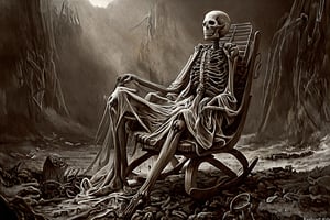 Imágenes Realismo Mythical and gloomy scene of a skeleton which has already sat in a chair or rocking chair that is already covered by fabric, it damages you and dust, the skeleton itself has been there posing in that rocking chair for hundreds of years,LegendDarkFantasy