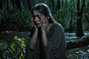 The weeping woman cries near the river, the loss of her son is at night and she is near a leafy and dark forest.