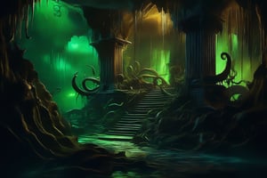 A dimly lit, eerie chamber deep beneath the waves. Cthulhu, the Great Old One, rises from the depths, its massive tentacles writhing like living darkness. The air is thick with malevolent energy as the sea god's bulging eyes glow with an otherworldly green light. Fungal growths and dripping seaweed adorn the stone walls, while ancient, forgotten rituals seem to seep into the atmosphere.