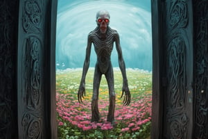 A fisheye lens captures the vibrant flower field, where petals stretch far and wide like a kaleidoscope of colors. In the midst of this beauty, an unexpected figure stands - a Ghoul on the other side of the wooden door. The door, crafted from lightweight cardboard or balsa wood, boasts intricate carvings and painted with whimsical hues, standing upright amidst the blossoms like a surreal discovery.,FuturEvoLab