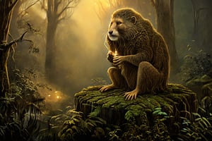 A mystical forest at dusk, warm golden light filtering through the canopy as a majestic Nutria, its fur shimmering with an ethereal glow, stands regally upon a moss-covered stone pedestal. The air is thick with misty legend as the creature's piercing gaze seems to hold the secrets of the ancient woods.