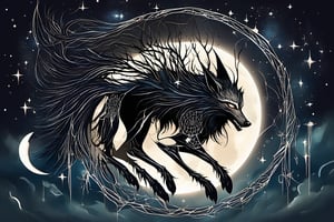 A elf design where the dreamcatcher forms the body of a wolf, howling at the moon, with detailed feathers hanging from the dreamcatcher's web, set against a dark night sky speckled with stars.