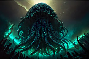 Depths of the ocean's dark, mystical realm: A behemoth mutant sea creature rises from the shadows. Tentacles like black silk veils undulate, as glowing bioluminescent markings on its scaly skin illuminate the darkness. The creature's massive form dominates the desolate seafloor, surrounded by a halo of ethereal blue-green light.