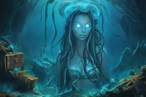 A hauntingly lit underwater lair reveals a grotesque sea-witch, her bulbous eyes glowing like bioluminescent jellyfish. Tentacles writhe from her shoulders like snakes, as she contemplates her next victim amidst the wreckage of sunken ships and coral-encrusted treasure chests. The water's murky veil distorts her features, making her already hideous visage seem even more monstrous.