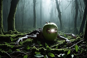 In a dense, fog-shrouded forest, a hyperrealistic photography captures a haunting scene: a grotesque, apple-like monster lies sprawled on the forest floor, its core transformed into claw-like branches that reach for the air. The creature's (((Shiny eyes))) gleam with an unearthly intensity, while its (((sharp teeth))) appear poised to strike. Amidst the fallen leaves and moss-covered terrain, a sense of foreboding settles over the viewer, as if placed in a position of vulnerability alongside this unsettling, anthropomorphic being.