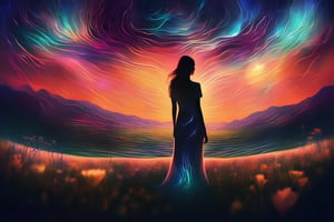 A close up fantastic image of a woman's outline containing the entire galaxy inside of her, as she stands in a field in summer at sunset, a soft aura surrounding her
