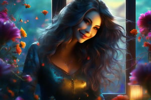 Beautiful soft light, (beautiful and delicate eyes), very detailed, pale skin, big smile, (long hair), dreamy, medium chest, female 1, ((front shot)), bangs, soft expression, height 170, elegance, bright Smile, 8k art photo, photorealistic concept art, realistic, person, small necklace, small earrings, fantasy, jewelry, shyness, dreamy soft image, masterpiece, ultra-high resolution, skirt, shirt, jacket, color, (the wind blows softly) ), (looking slightly raised and immersed in happy thoughts), girl sitting on the window sill with her chin supported by both hands, looking at the flower field outside the window, colorful, glitter, color art,BugCraft