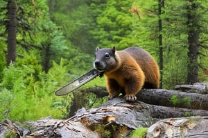 A dramatic scene unfolds: a marmot, typically known for its peaceful nature, is now wielding a chainsaw with reckless abandon. It methodically destroys the tranquil forest landscape, sending tree trunks crashing to the ground. The once-lush foliage is now reduced to splintered remnants, as the determined marmot continues its destructive rampage.