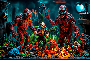 bizarre scary and strange, demented and deranged, a unique and terrifying action figurine stop motion claymation animation style, infused with the whimsical the wacky and the weird, with haunting horrifying humorous maddening mutated unnaturally created insane crazy cool creative complex cotent, ranging from flaming melting madmen to toys on a sci fi futuristic bank robbery job gone wrong to terrifying transformations and wild abominations, and everything inbetween, this is a wondrous fantastical excessive eerie unsettling amazing animation style fusing stop motion with action figure diorama display style and claymation to create a nightmarish wonderful unique every time creation, Claymutation
