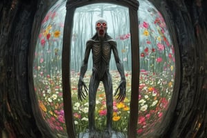 A fisheye lens captures the vibrant flower field, where petals stretch far and wide like a kaleidoscope of colors. In the midst of this beauty, an unexpected figure stands - a Ghoul on the other side of the wooden door. The door, crafted from lightweight cardboard or balsa wood, boasts intricate carvings and painted with whimsical hues, standing upright amidst the blossoms like a surreal discovery.,FuturEvoLab