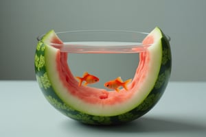 Close-up shot of a sliced watermelon, its outer rind intact, showcasing a surreal transformation: within the flesh lies a transparent aquarium, teeming with two small goldfish swimming amidst gentle ripples on the water's surface. Soft light illuminates the hyper-realistic details of the watermelon's texture and the fish's delicate movements against a minimalist gray backdrop, highlighting the striking contrast between natural and artificial elements.