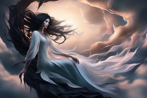 A masterpiece of ethereal beauty: a female vampire sits majestically above the clouds, her short, jet-black hair styled with bangs framing her porcelain face. Her closed eyes are slightly parted, as if savoring the serenity of the outdoors. She wears a flowing white dress, its hem fluttering in an invisible breeze, and short sleeves that accentuate her pale skin. The blue sky above is dotted with clouds, which seem to mirror the wispy tendrils framing her face. In this tranquil scene, she embodies the essence of mystery and allure, suspended between heaven and earth.