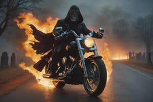 (One Person), (Image of a Headless Horseman Riding a Harley Davidson Motorcycles:1.4), (Headless:1.2), (Orange Flame:1.6), (Wearing Black Torn Rider Outfit:1.4), (Holding a Flaming Skull:1.4), (Dimly Lit Cemetery Road at Night:1.6), Centered, (Full Body Shot:1.4), From Front Shot, Intricate Hand Details, Cinematic Shot and Lighting, Realistic Colors, Masterpiece, Sharp Focus, Ultra Detailed, Taken with DSLR camera, Realistic Photography, Depth of Field, Incredibly Realistic Environment and Scene, Master Composition and Cinematography, hallow33n,darkart,ghost person