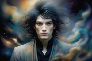 please create a fantastical painting (imagining “dream of the endless” from the series sandman), ( gaiman, dave mckean, bill sienkiewicz), dream appears as a thin goth man with a wild messy rockstar black hair, high cheekbones and palest skin, he is wearing a robe cloaking him in dreams, he is shaping the world of the dreaming, creating new dreams and nightmares, shapes flow into each other in ethereal ways symbolizing the half-formed mercurial nature of how we experience dreams, the colors are rich, there is a variety of textures, the image combines digital and traditionsl painting techniques to create visual intrigue, dramatic, cinematic lighting,Decora_SWstyle,ink 