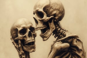 Sepia toned pencil drawing of a skeleton holding a human head looking at camera, angry facial expression, very elaborate and detailed, very fine intricate details, very contrasting shadows, very strong overhead lighting, no noise, 2k resolution, very focused, strong left side lighting, very contrasting shadows