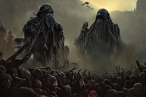 Sinister and disturbing monsters that are in the shadows lurking with very bad intentions to scare people. The monster in question is a creation of Lovecraft.,LegendDarkFantasy,digital artwork by Beksinski