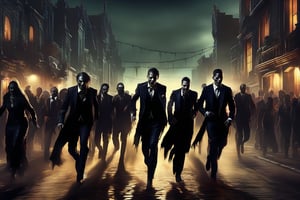 Horde of zombies dressed in tuxedos are running in the street scaring people, on the street you can see the night illuminated Only by Dolores, very gloomy and dark