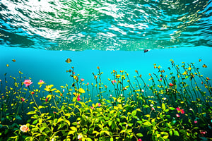 A surreal seascape: towering rose bushes erupt from the ocean's surface, their velvety petals swaying gently in the salty breeze. The camera frames the scene from directly above, showcasing the lush greenery and vibrant blooms amidst the turquoise waters. Soft sunlight filters through the waves, casting a warm glow on the underwater garden. A school of fish dart between the stems, as if exploring this bizarre yet alluring environment.