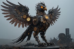 A griffin,made from gears rusted metal, and glowing parts, with its wings spread wide. The griffin's body is an intricate assembly of interlocking gears and corroded metal plates, giving it a rugged, industrial appearance. Its eyes and certain joints feature glowing, luminescent elements that pulse with an eerie light. The wings, constructed from overlapping metal feathers, are extended majestically, each feather adorned with tiny, glowing circuits. The background is a dark, misty landscape with hints of ancient ruins, enhancing the mythical and mechanical nature of this fantastical creature,adding to the steampunk atmosphere.",Mechanical