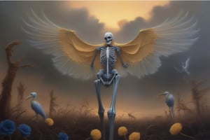 A warm atardecer light casts a golden glow on the skeletal remains of Ciervos and Cuervos, their bony bodies arranged in a macabre dance amidst the Flores that have begun to wilt. In the background, the imposing figure of Moustros stands watchful, its esqueletos-like wings spread wide as if guarding the fading light.