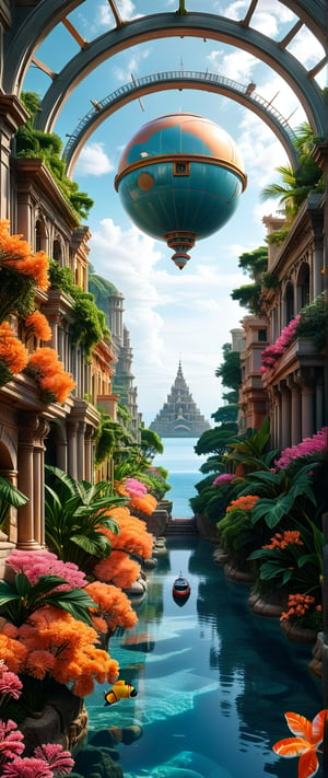 ((ultra realistic photo)), 
The edges of the image are in close-up, while the center features a distant view. The unique ancient architecture blends with nature ((interesting optical illusions.)) Great Barrier Reef. floating city. In the background, a colossal half-body robot appears, as if it's guarding the land

(3D model),(in the style of Cassandre),(in the style of Tamara de Lempicka), (in the style of Mœbius), (Geometric Patterns). art_booster, (Simplicity, more consistent graphics, minimalism, temperament, surrealism.)
Rounded lines, perfect proportions, curved lines,  Reduced Sharpness.Light blue, white, gray and pink, yellow, orange.