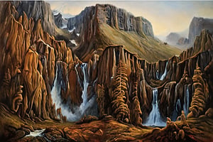 Craft an evocative portrayal of a majestic mountain vista employing the alcohol painting technique in fine art oil painting. The composition should immerse viewers in a close-up encounter with the rugged terrain, suffused with surreal elements and devoid of any framing. Title the piece "To be, or not to be: that is the question." Embrace the visionary spirit reminiscent of Remedios Varo, infusing the landscape with imaginative and dreamlike qualities.