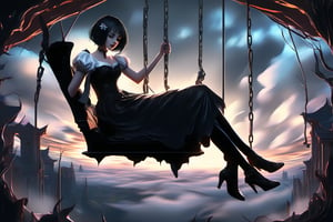 best quality,masterpiece, female vampire, above clouds, solo, short hair, bangs, black hair, dress, sitting, closed eyes, short sleeves, outdoors, parted lips, sky, day, cloud, white dress, blue sky, cloudy sky, swing