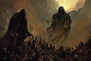 Sinister and disturbing monsters that are in the shadows lurking with very bad intentions to scare people. The monster in question is a creation of Lovecraft.,LegendDarkFantasy,digital artwork by Beksinski