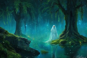 Captivating scene of a mystical forest in Petrozavodsk, Russia: eerie mist wraps around ancient trees, moss-covered rocks, and whispering ferns. A lone figure, shrouded in mystery, stands at the edge of a glowing lake, surrounded by fireflies dancing in the soft twilight glow. The air is heavy with anticipation.