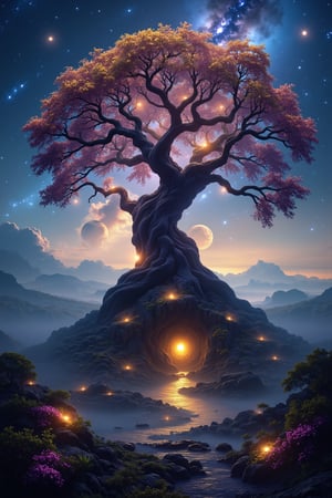 A 4K, realistic, fantasy image of a majestic Pohon dunia semesta (Tree of the Universe), with intricate, glowing roots extending into a cosmic landscape. The tree's branches are adorned with shimmering, otherworldly leaves, and celestial bodies float around it. The scene is bathed in soft, ethereal light, with a wide shot capturing the awe-inspiring scale and mystical atmosphere.