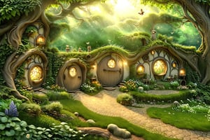 A whimsical scene unfolds as the camera captures the serene atmosphere of an enchanted forest. Amidst the lush green foliage and sunlit trees, a charming hobbit-style dwelling nestles cozily into the nook of a massive tree trunk. Smoke lazily billows from the chimney, carrying the scent of warmth and comfort. Steps lead up to the round door, inviting viewers to enter this mystical realm, whimscial, bugs, fairys, 75 degree wide angle, movie still,