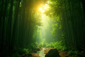 a lush bamboo forest, serene bamboo trees, detailed bamboo stalks and leaves, natural sunlight filtering through the bamboo, peaceful forest atmosphere, tranquil landscape, high quality, 8k, photorealistic, professional photography, vivid colors, warm lighting, cinematic composition, beautiful natural scenery