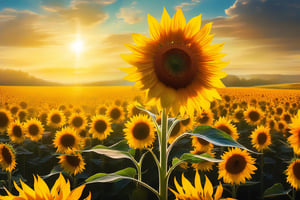 A vibrant sunflower blooms against a warm, sunny sky, its bright yellow petals shining like a beacon of joy. The most striking feature, however, is the diamond-shaped stem, refracting light into a dazzling display of facets and highlights, adding an extra layer of luxury to this already-stunning flower.