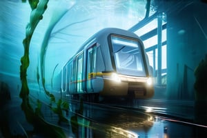 A futuristic underwater scene: a subway train glides smoothly through a transparent glass tunnel, surrounded by the vast expanse of ocean water. The sunlight from above casts an eerie glow, illuminating the sleek train and rippling the seaweed-like tendrils swaying in the current.