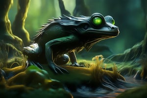 A creature with a striking fusion of canine and amphibian features: the upper half resembles a sleek dog, while the lower half morphs into a green frog-like being. The camera frames the subject from a low angle, emphasizing its imposing stature as it stands on a moss-covered stone pedestal amidst a misty forest glade. Soft, diffused light highlights the creature's intricate textures and scaly patterns.