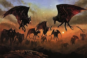 Sinister bats flying in the twilight,digital artwork by Beksinski,LegendDarkFantasy