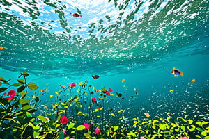 A surreal seascape: towering rose bushes erupt from the ocean's surface, their velvety petals swaying gently in the salty breeze. The camera frames the scene from directly above, showcasing the lush greenery and vibrant blooms amidst the turquoise waters. Soft sunlight filters through the waves, casting a warm glow on the underwater garden. A school of fish dart between the stems, as if exploring this bizarre yet alluring environment.