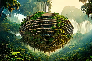 forest , tree , future, daytime, sun shine, future, asia, drizzle, futuristic architecture house, architecture assimilate into forest, palm tree, different species of asian forest plant, perspective depth of field, animal ,round & oval shape architecture house, wind, mountain bacground , bird fly, waterfall, colourful plant