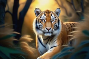 A majestic tiger emerges from the thick vegetation of an African savanna, its tawny fur blending with the golden grasses and leaves. Framed by a natural clearing, the big cat's piercing gaze is illuminated by warm sunlight filtering through the dense foliage, highlighting its powerful physique as it pads confidently across the sun-drenched landscape.
