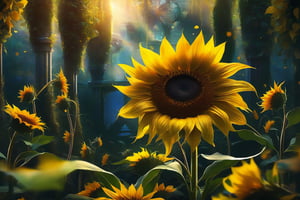 A vibrant yellow sunflower blooms in a bright garden setting, its petals shining like a ray of sunshine. The twist? Its stem is replaced by glittering diamonds, refracting light and adding an air of luxury to the scene. Framed by lush greenery, the sunflower stands tall, its diamond stem glinting like a treasure trove amidst the foliage.