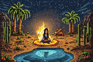 Pixel art scene of a vast desert oasis at dusk. A young nomad girl with long black hair and striking green eyes sits by a small campfire. Her traditional robes flow in earthy tones. Palm trees and a small pool reflect the setting sun. The girl's tent is nearby, made of weathered fabric. A camel rests in the background. The sky transitions from deep blue to orange, with pixelated stars appearing. Cacti and desert flowers dot the landscape.,pixelartsd3