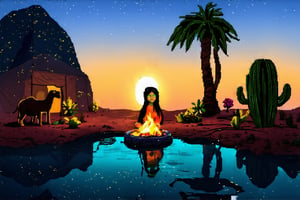 Pixel art scene of a vast desert oasis at dusk. A young nomad girl with long black hair and striking green eyes sits by a small campfire. Her traditional robes flow in earthy tones. Palm trees and a small pool reflect the setting sun. The girl's tent is nearby, made of weathered fabric. A camel rests in the background. The sky transitions from deep blue to orange, with pixelated stars appearing. Cacti and desert flowers dot the landscape.,pixelartsd3