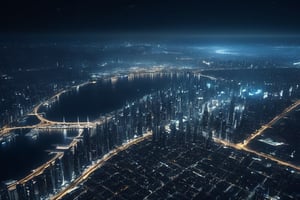 Night view seen from an airplane,future city:1.3,port,flying spaceship,skyscraper,master piece,highest quality,ultra high resolution,Super detailed,8K,photo realistic,best aesthetic,beautiful