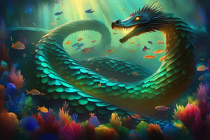 Vibrant colors of a massive sea serpent, Culebra gigante, undulates through crystal-clear waters. Rays of sunlight refract off its scales, casting a kaleidoscope of blues and greens across the seafloor. The majestic creature's body tapers to a point as it glides effortlessly, surrounded by schools of tiny fish darting in and out of its serpentine coils.