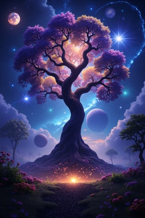 A 4K, realistic, fantasy image of a majestic Pohon dunia semesta (Tree of the Universe), with intricate, glowing roots extending into a cosmic landscape. The tree's branches are adorned with shimmering, otherworldly leaves, and celestial bodies float around it. The scene is bathed in soft, ethereal light, with a wide shot capturing the awe-inspiring scale and mystical atmosphere.